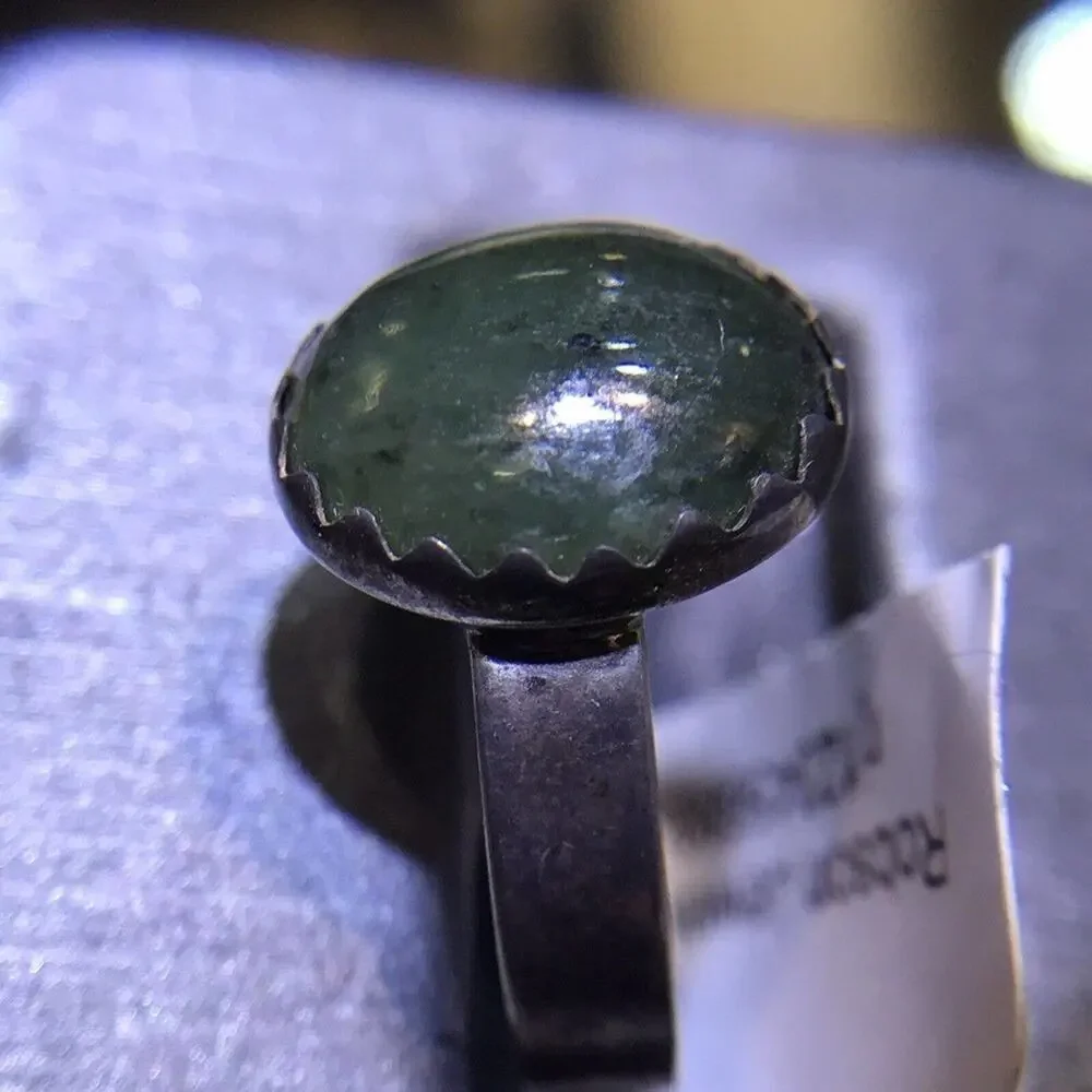 Green Agate (Natural) Ring Round Sz7 Bezel Set Silver 925 Design Band
